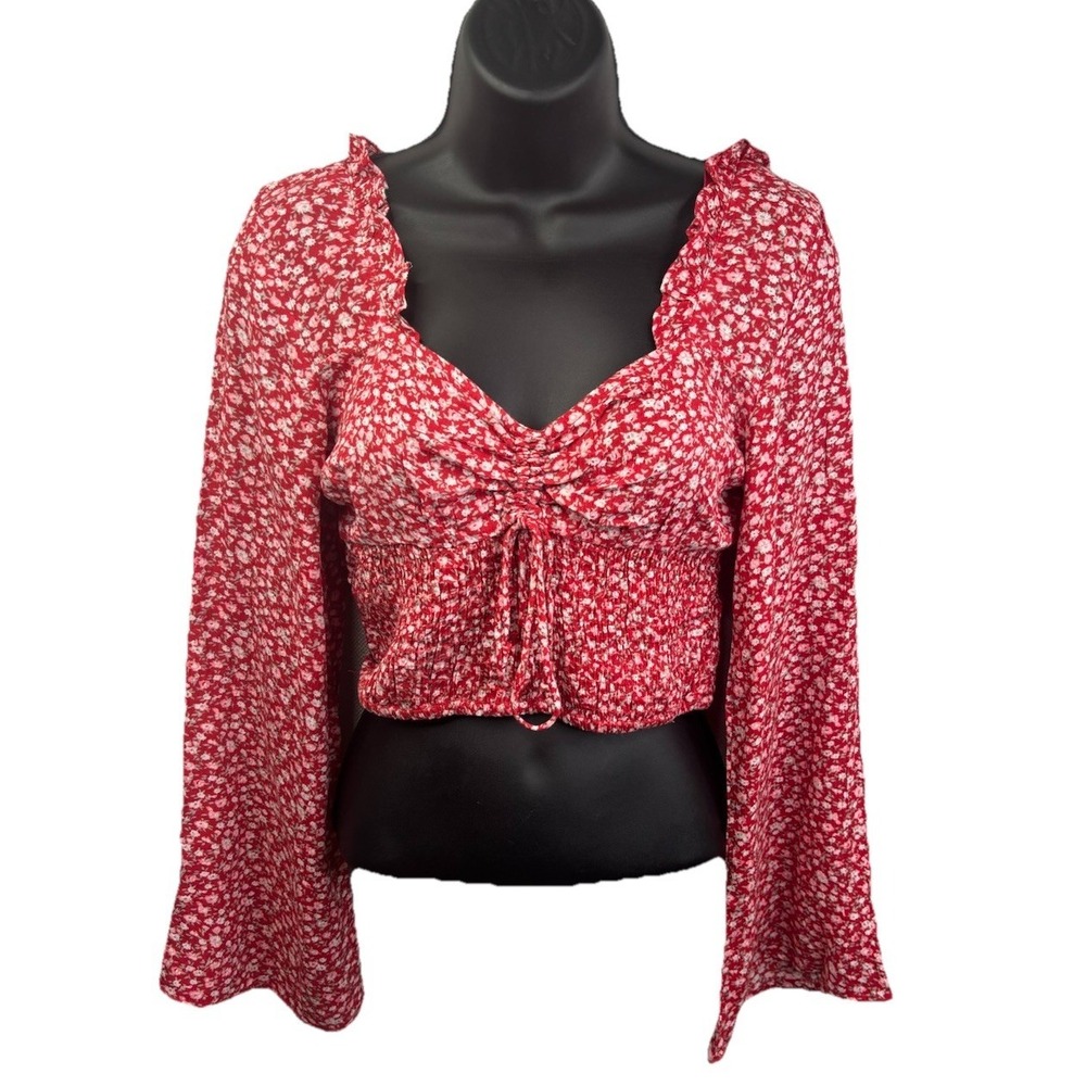 Sim & Sam Red Floral Print Long Bell Sleeve‎ Crop Top Size Small